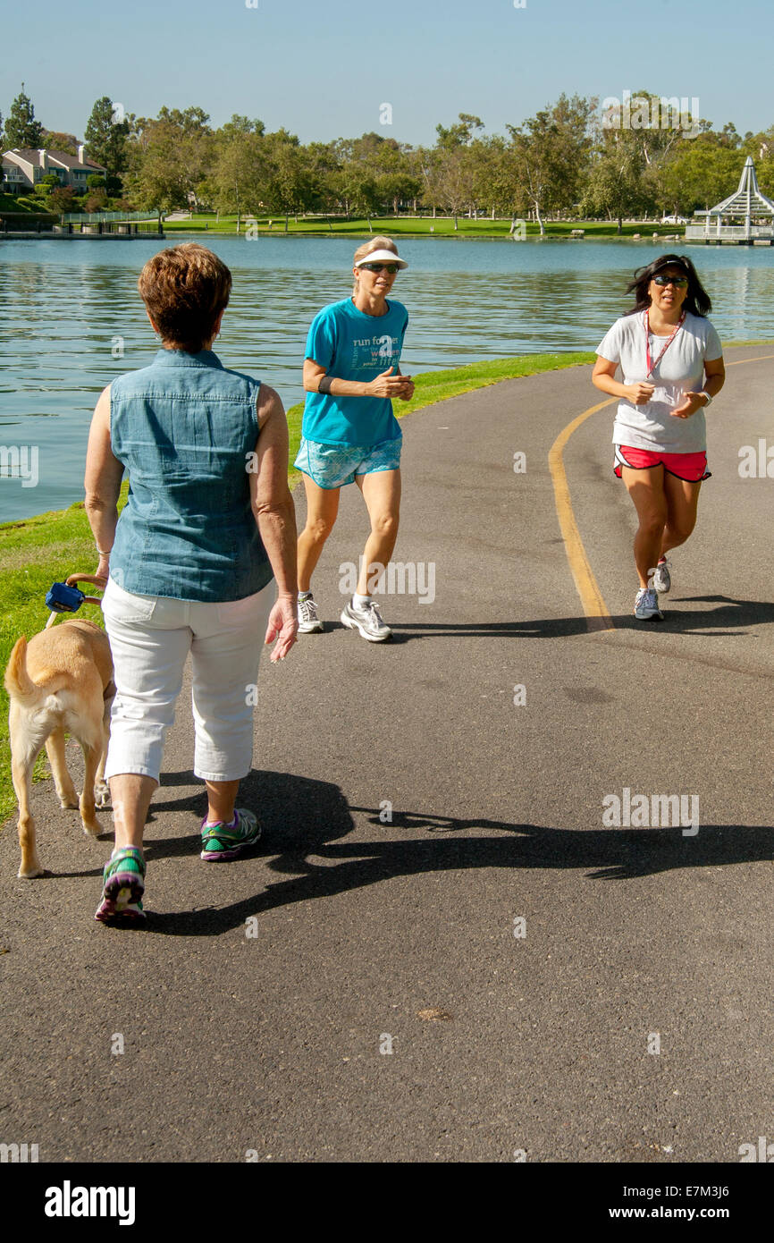 Führen durch ihre gelben Labrador Retriever Blindenhund, geht eine blinde Frau in einem Park in einem Vorort Irvine, CA, wie zwei Jogger ihr aus dem Weg bekommen. Stockfoto