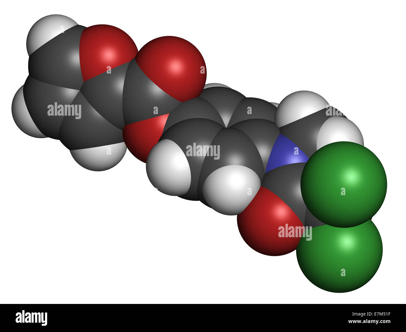 Diloxanide Furoate Amöbiase Wirkstoffmolekül. Bei Behandlung von Entamoeba Histolytica Infektionen verwendet. Atome werden als Sph dargestellt. Stockfoto