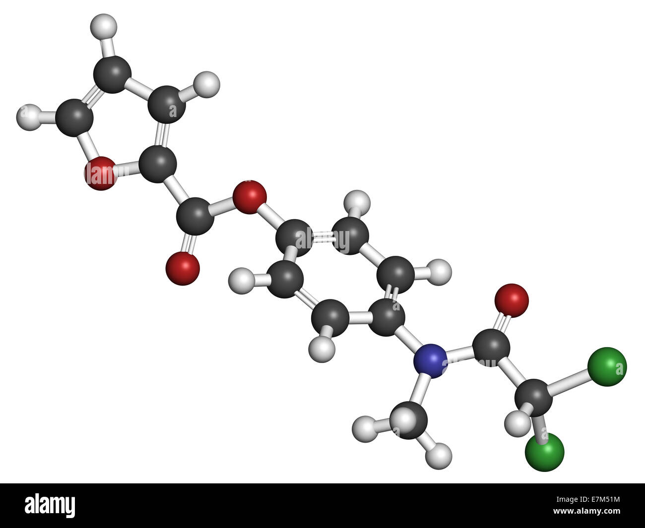 Diloxanide Furoate Amöbiase Wirkstoffmolekül. Bei Behandlung von Entamoeba Histolytica Infektionen verwendet. Atome werden als Sph dargestellt. Stockfoto