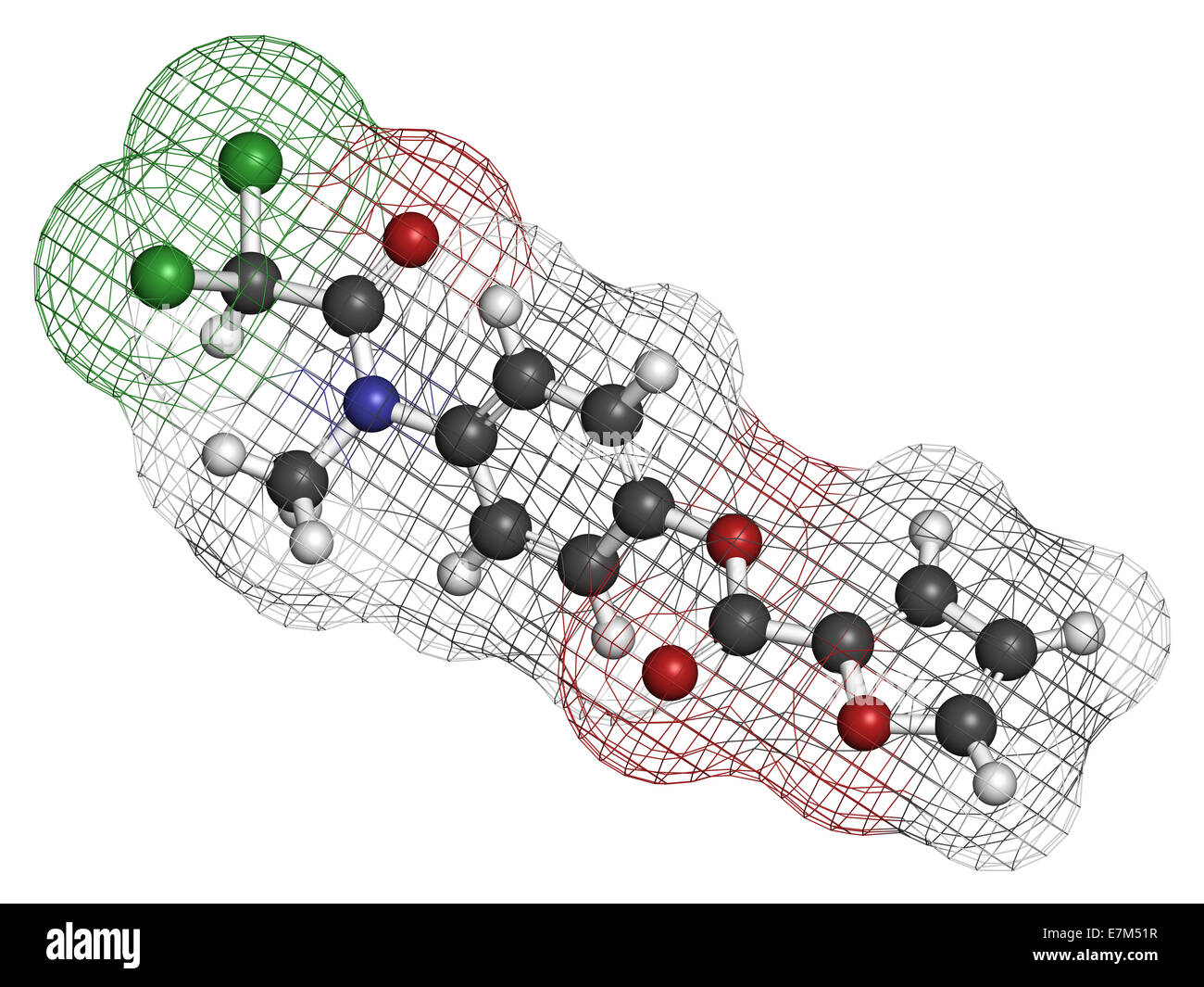 Diloxanide Furoate Amöbiase Wirkstoffmolekül. Bei Behandlung von Entamoeba Histolytica Infektionen verwendet. Atome werden als Sph dargestellt. Stockfoto