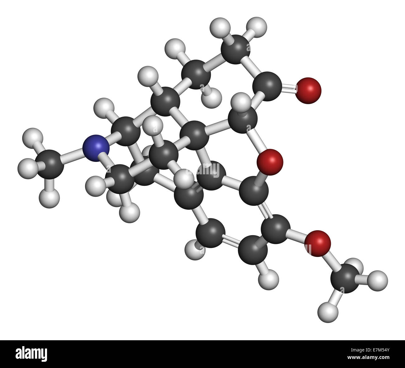 Hydrocodone narkotische Analgetikum Molekül. Auch verwendet als Medizin Husten. Atome sind als Kugeln mit herkömmlichen co vertreten. Stockfoto