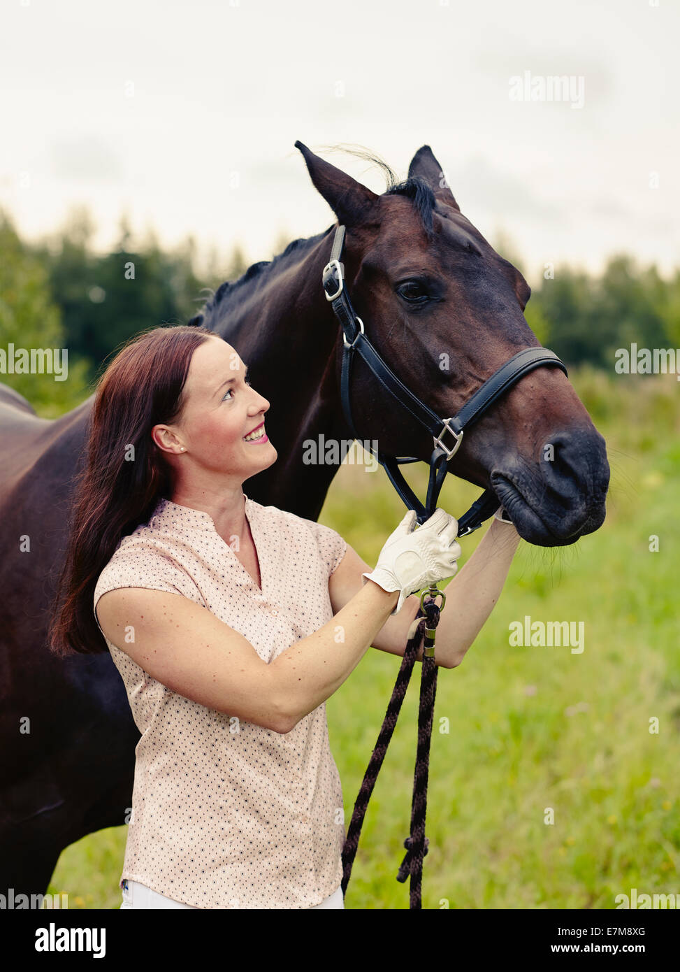 Attraktive Frau und Pferd im Feld überqueren bearbeitetes Bild Stockfoto