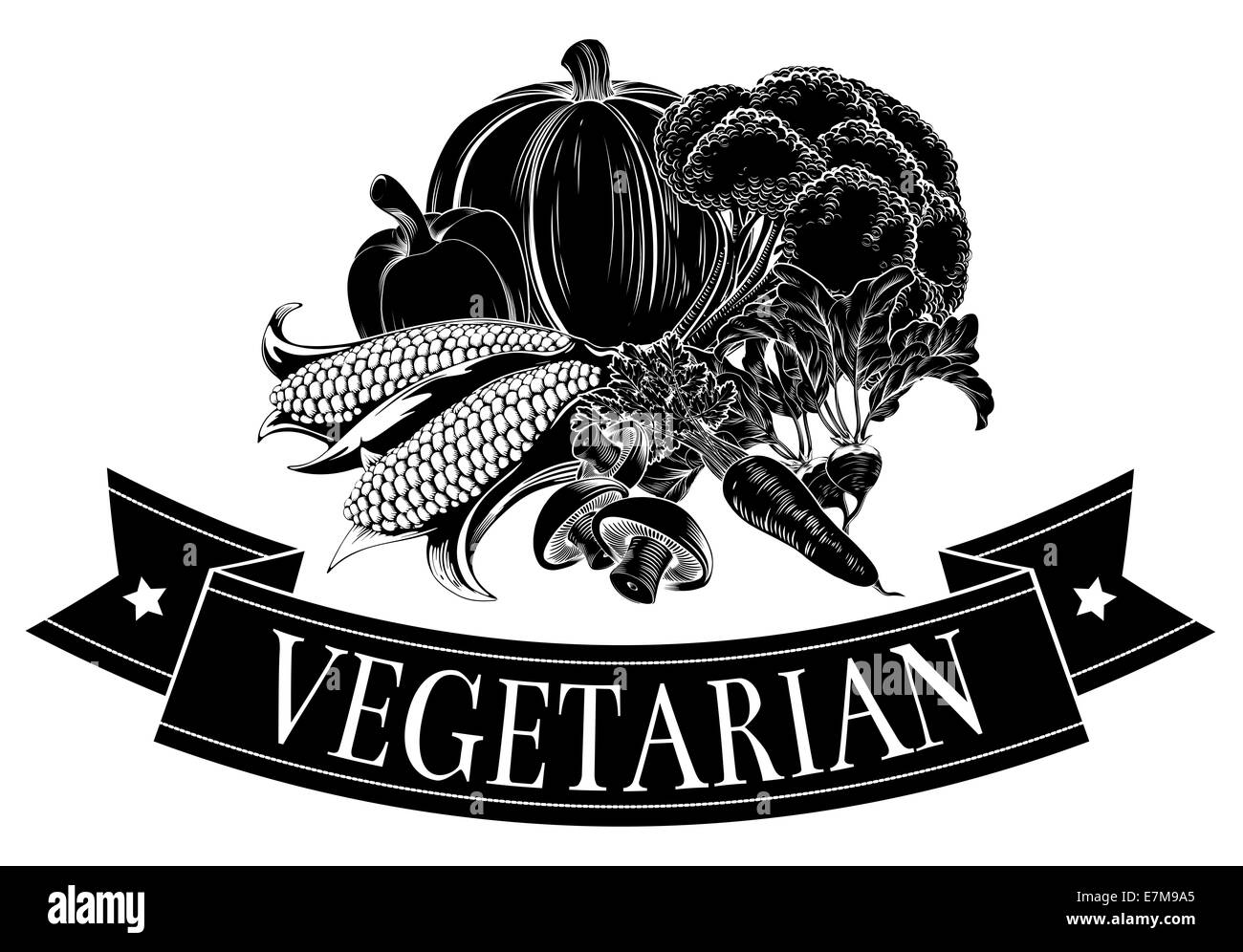 Vegetarische Nahrung Symbol von frischem Gemüse und Banner Lesung vegetarisch Stockfoto