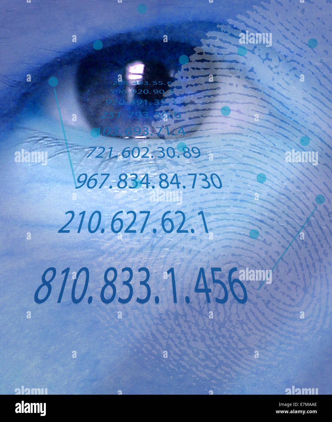 Biometrisches Sicherheitskonzept – Eye Scan mit digitalem Fingerabdruck und Daten – symbolisiert Cybersicherheit, Identitätsüberprüfung und KI-gesteuerte Authentifizierung Stockfoto
