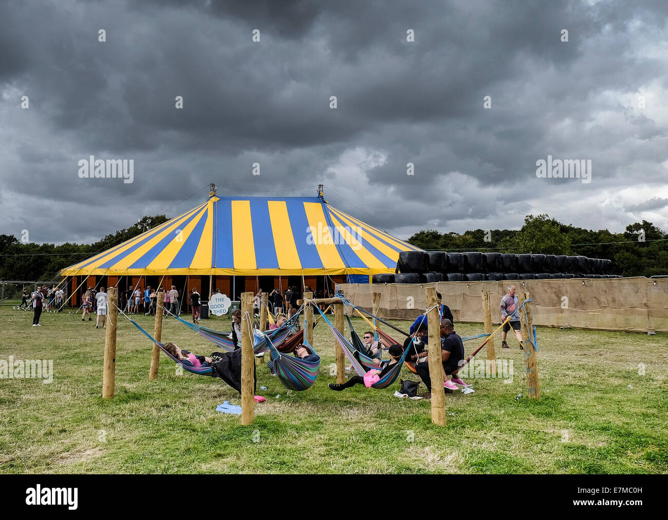 Hängematten auf dem Brownstock Festival in Essex. Stockfoto