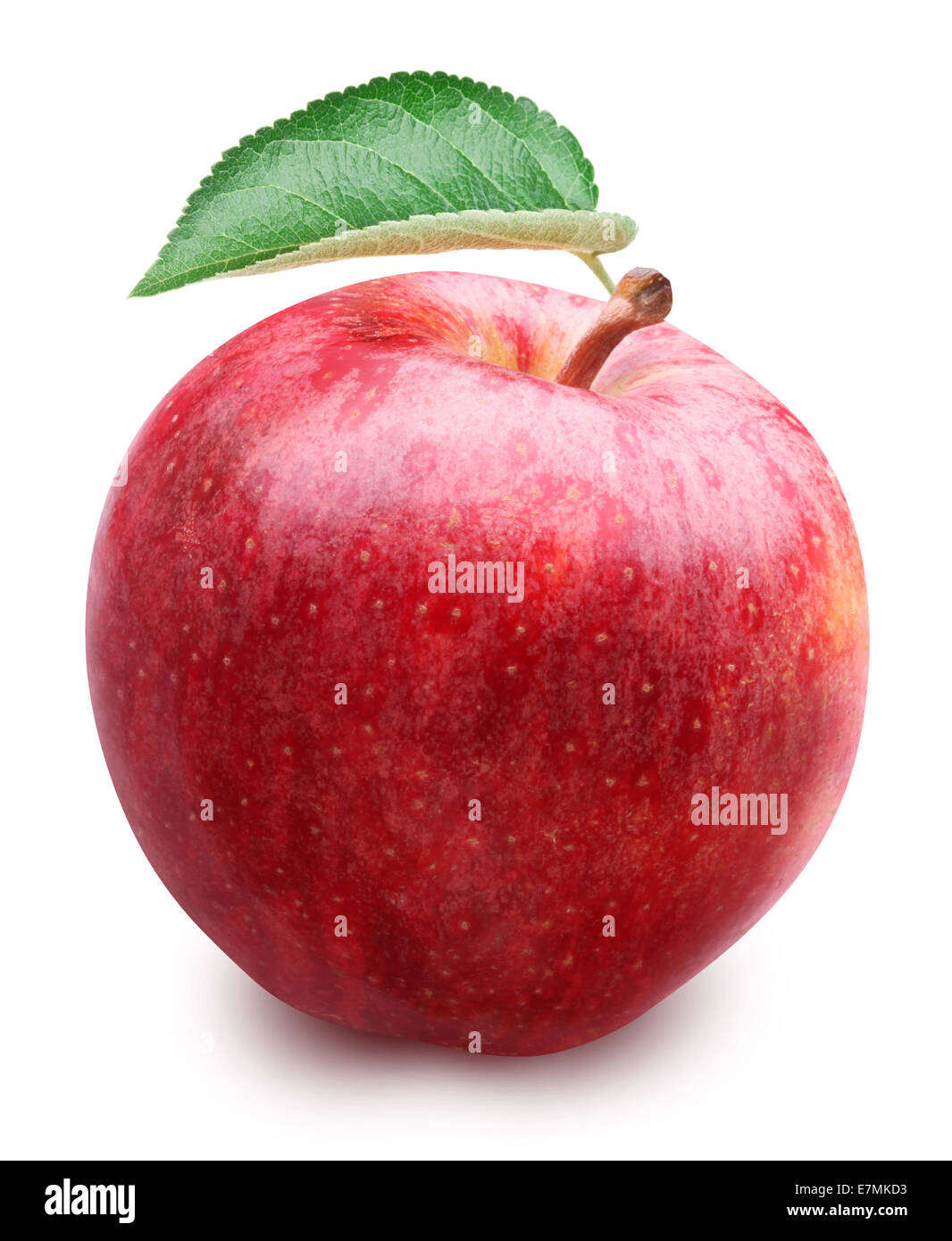 Roter Apfel mit Blatt isoliert auf einem weißen Hintergrund. Datei enthält Beschneidungspfade. Stockfoto