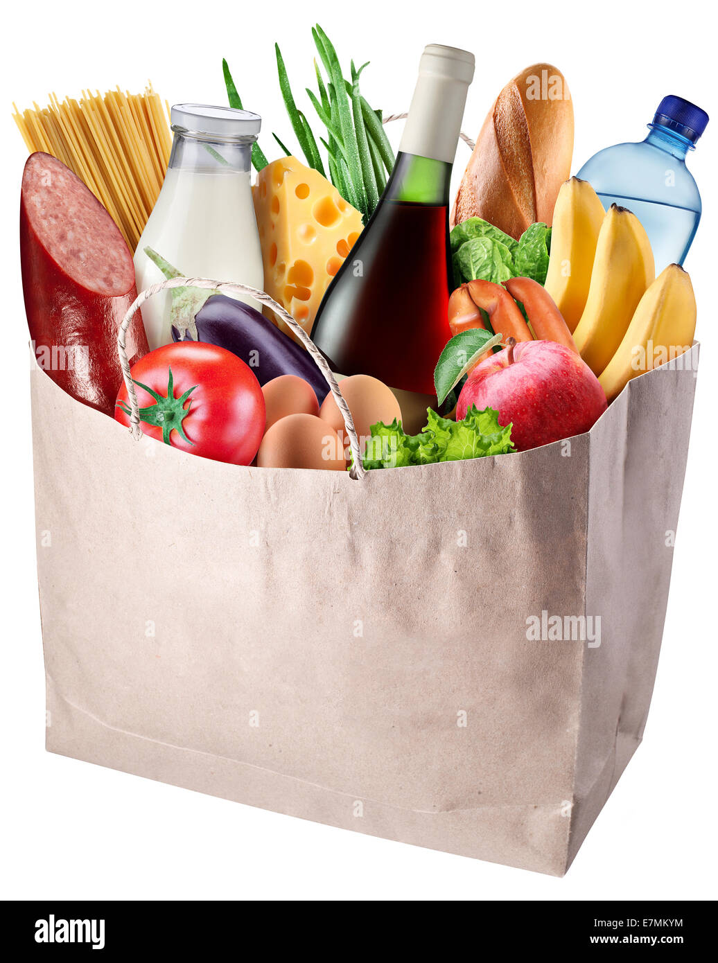 Papier Tasche mit Speisen isoliert auf weißem Hintergrund. Datei enthält Clipping-Pfad. Stockfoto
