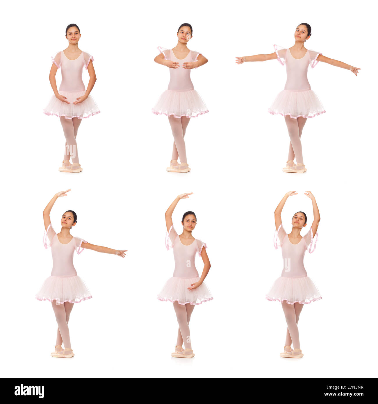 Collage der Positionen des klassischen Balletts auf weißem Hintergrund. Stockfoto