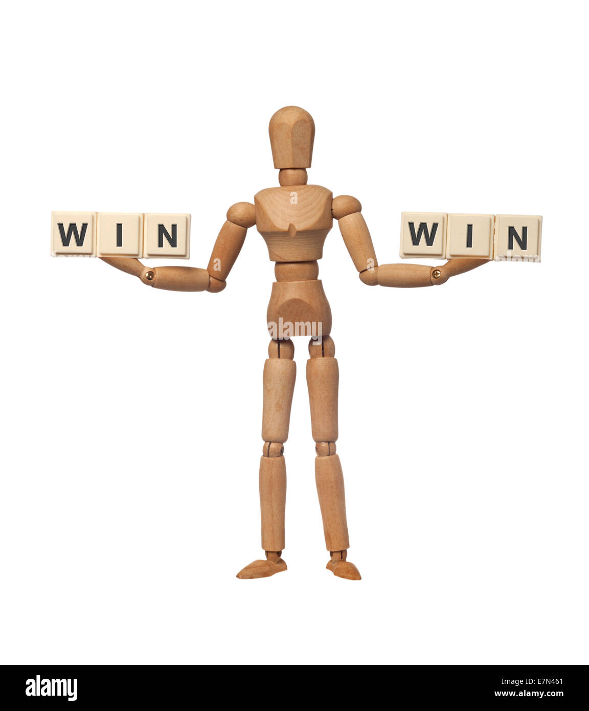 Figur mit dem Wort Gewinn an beiden Händen Darstellung eine Win-Win-situation Stockfoto