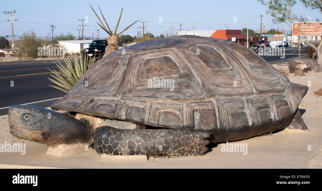 Die skurrile Riesenschildkrötenskulptur in Joshua Tree, Kalifornien, verleiht der Wüstenlandschaft einen skurrilen Charme. Stockfoto