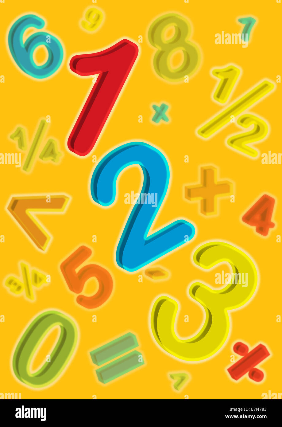 Farbenfrohe Zahlen und mathematische Symbole – Illustration für Mathematik, ideal für Lehrmaterialien und mathematische Lernressourcen Stockfoto