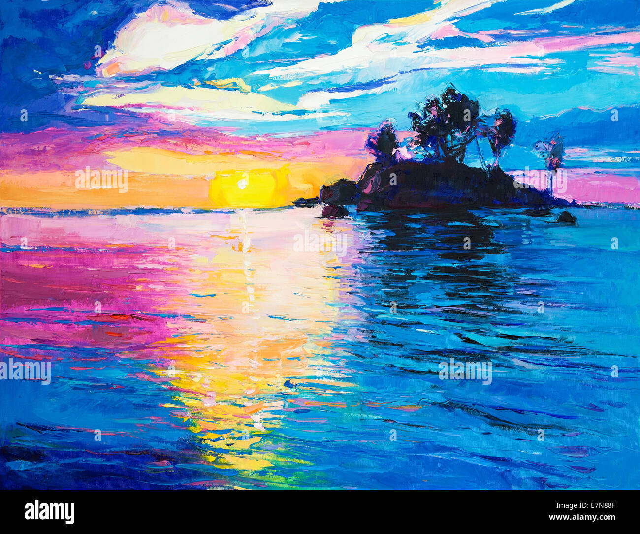 Original Ölgemälde auf einsamer Insel und Meer auf Leinwand. Rich farbenprächtigen Sonnenuntergang über Meer. Moderne Impressionismus Stockfoto