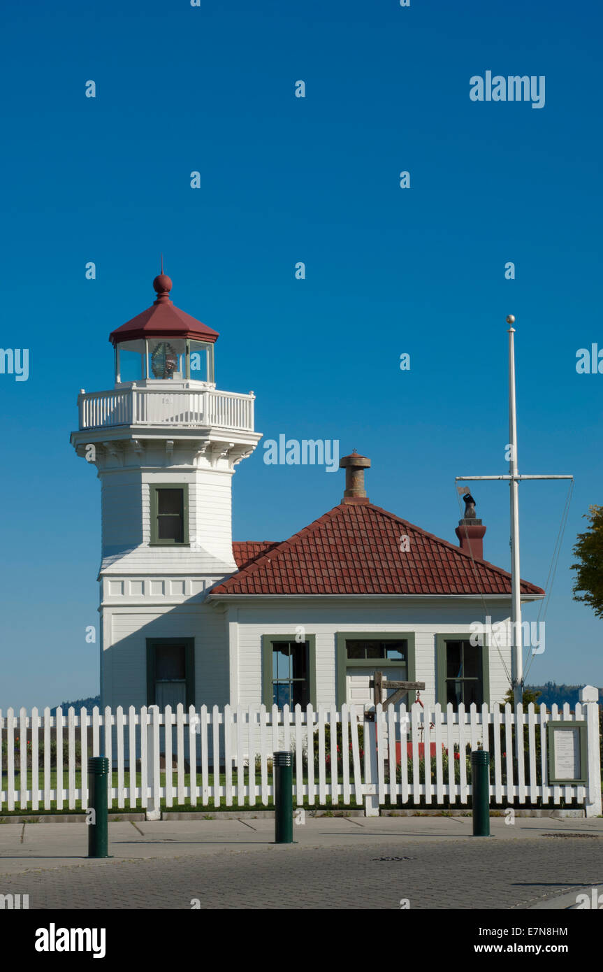 Mukilteo Lighhouse (gegr. 1906) an den Ufern des Puget Sound, Mukilteo, Washington, USA Stockfoto