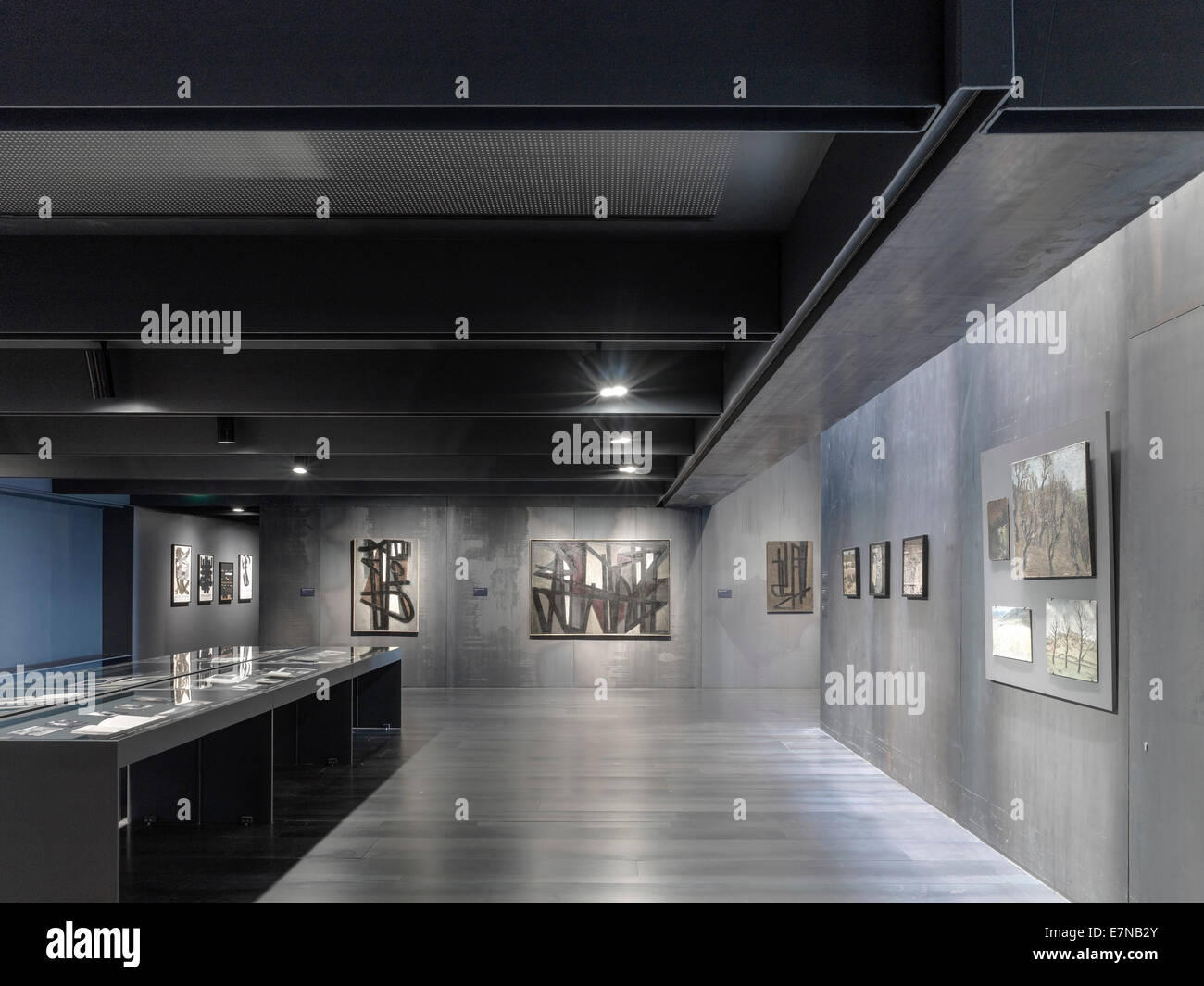 Museum Soulages, Rodez, Frankreich. Architekt: RCR Arquitectes, 2014. Ausstellungsfläche mit Vitrinen. Stockfoto