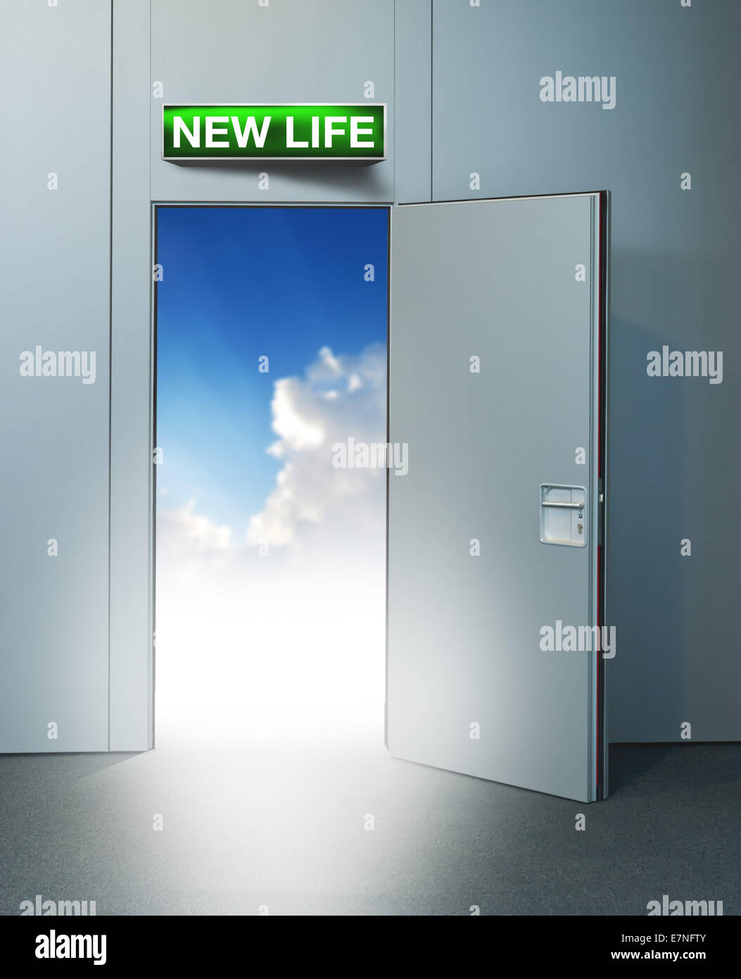 Neues Leben-Tür zum Himmel, Konzeptbild. Verlassen alle Probleme hinter sich, zu Fuß in ein neues Leben, Vorsorgekonzept Stockfoto