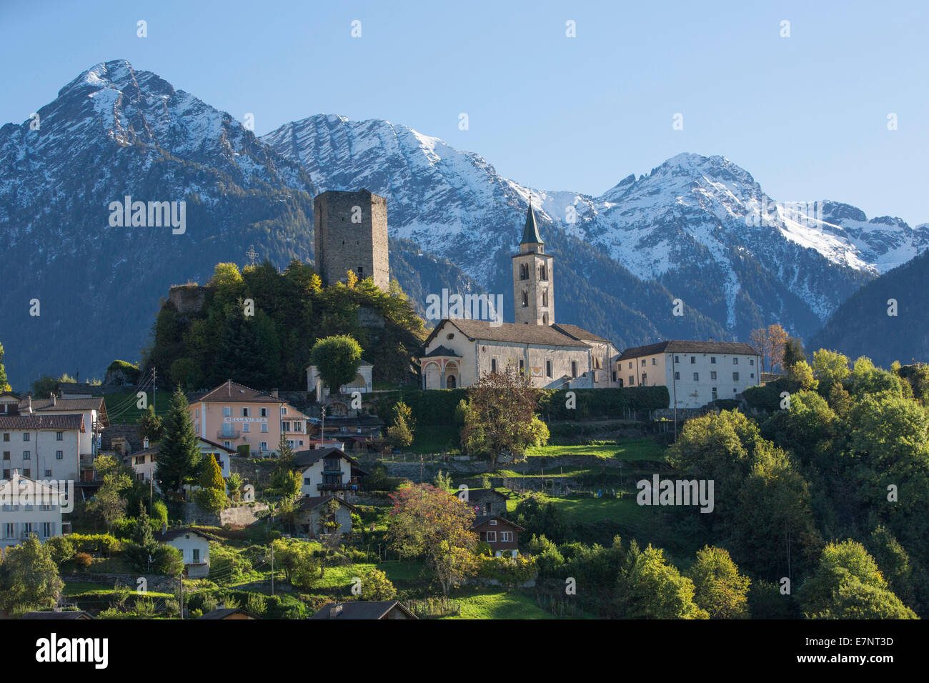 Calancatal, Sta. Maria, Gebäude, Bau, Herbst, Berg, Berge, Kanton Graubünden, Graubünden, Schweiz, GR, E Stockfoto