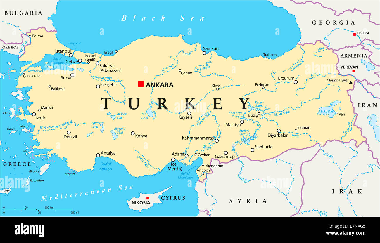 Türkei politische Landkarte mit Hauptstadt Ankara, Landesgrenzen, die wichtigsten Städte, Flüsse und Seen. Englisch, Etikettierung, Skalierung. Stockfoto