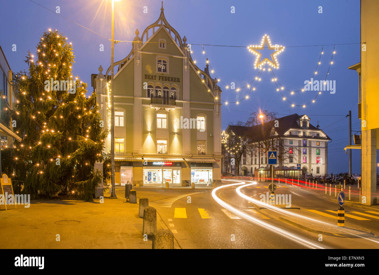Stadt, Stadt, Weihnachtsbeleuchtung, Stadt, Stadt, Rorschach, Weihnachten, Advent, Stadt, Stadt, Schweiz, Europa, Stockfoto