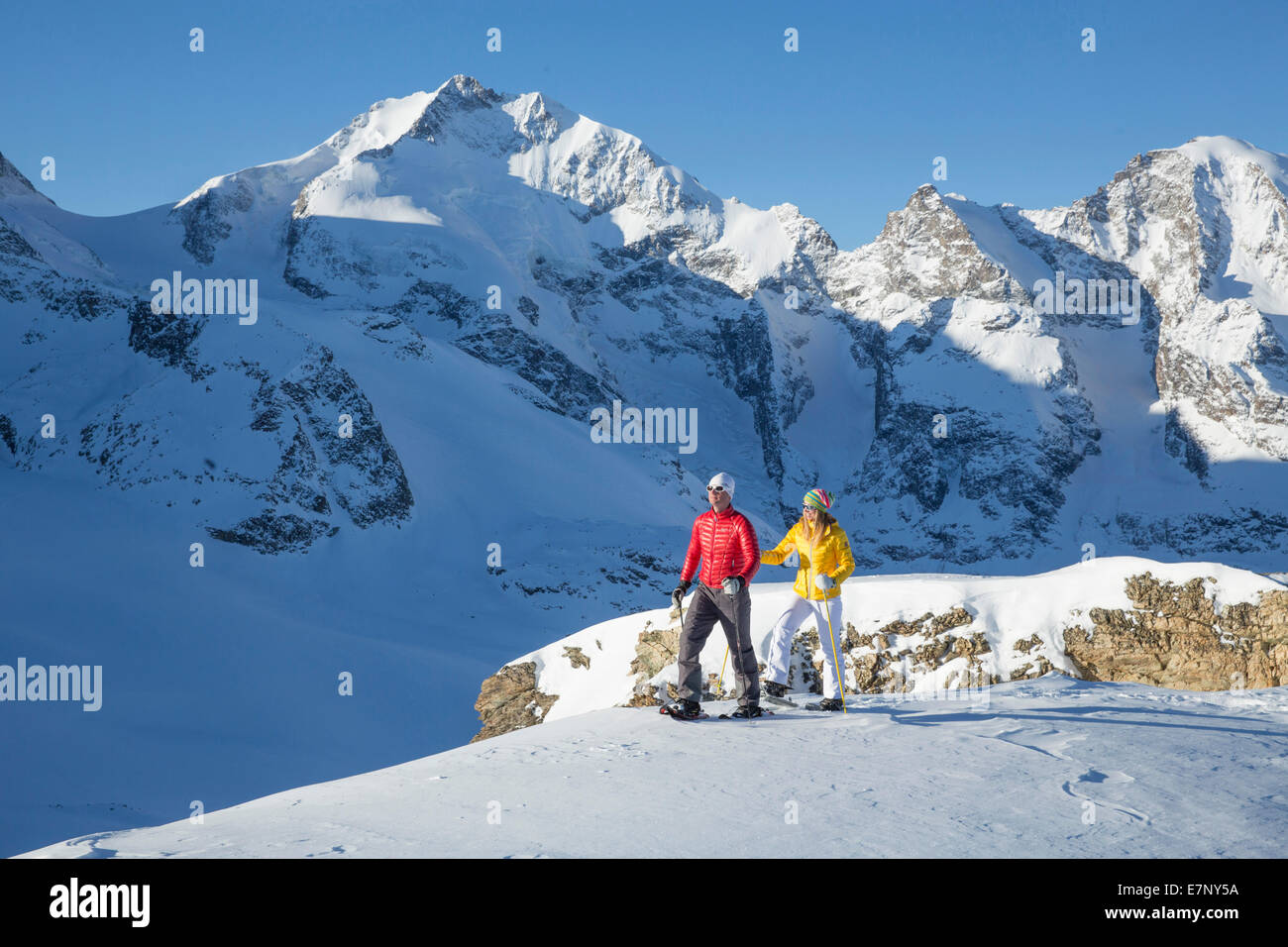 Pontresina, Schneeschuh Wandern, Diavolezza, Saas Queder, Kanton, GR, Graubünden, Graubünden, Oberengadin, Schnee, Wanderweg, Wandern, Stockfoto