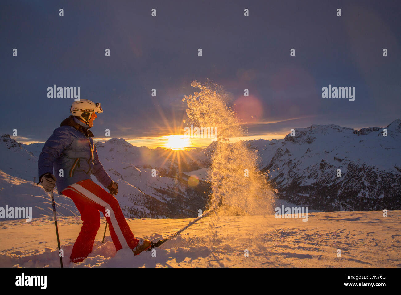 Corvatsch, Skifahrer, Sonnenuntergang, Sunset, Oberengadin, Kanton, GR, Graubünden, Graubünden, Oberengadin, Berg, Berge, Winter Stockfoto