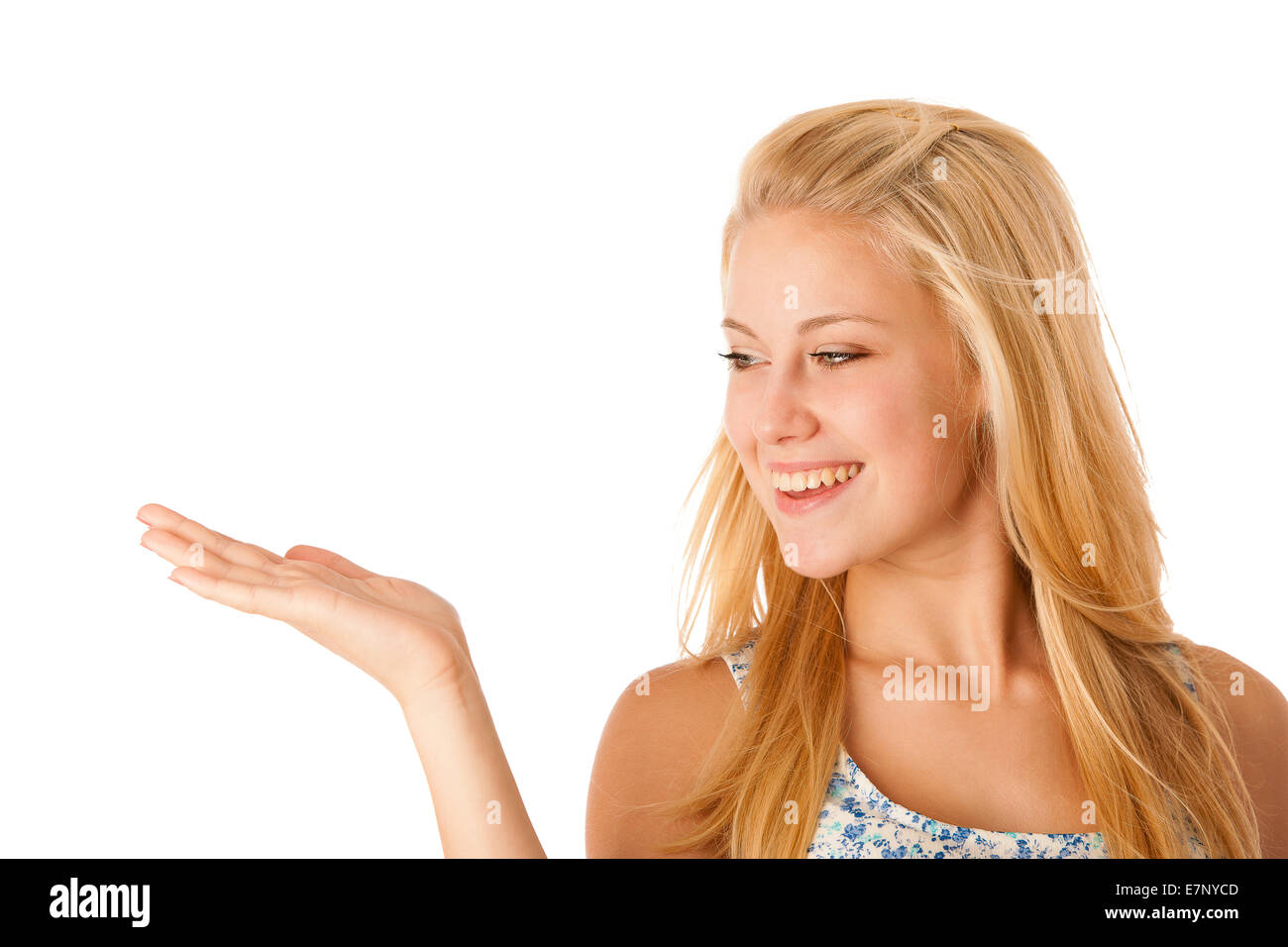 Frau hält die Hand über Kopie Raum Fot Promotioanl Zweck Stockfoto