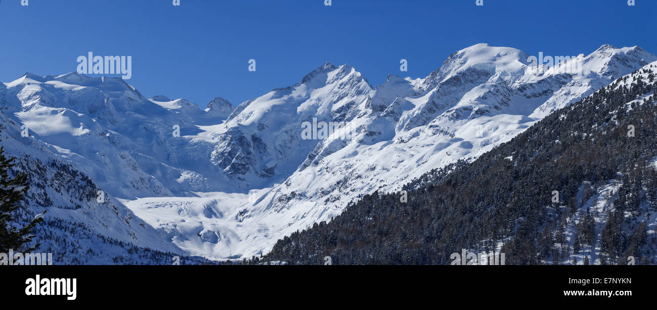 Engadin, Engadin, Berninagruppe, Morteratschgletscher, Winter, Kanton, GR, Graubünden, Graubünden, Oberengadin, Berg, Berg Stockfoto