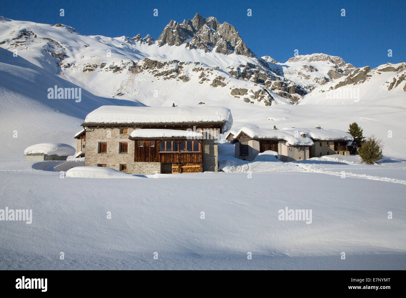 Engadin, Engadin, Heidi, Dorf, Grevasalvas, Piz Lagrev, Dorf, Winter, Kanton Graubünden, Graubünden, Oberengadin, GR, Sw Stockfoto