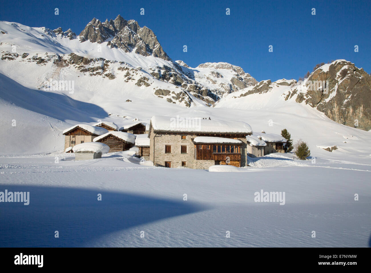 Engadin, Engadin, Heidi, Dorf, Grevasalvas, Dorf, Winter, Kanton Graubünden, Graubünden, Oberengadin, Schweiz, GR, E Stockfoto