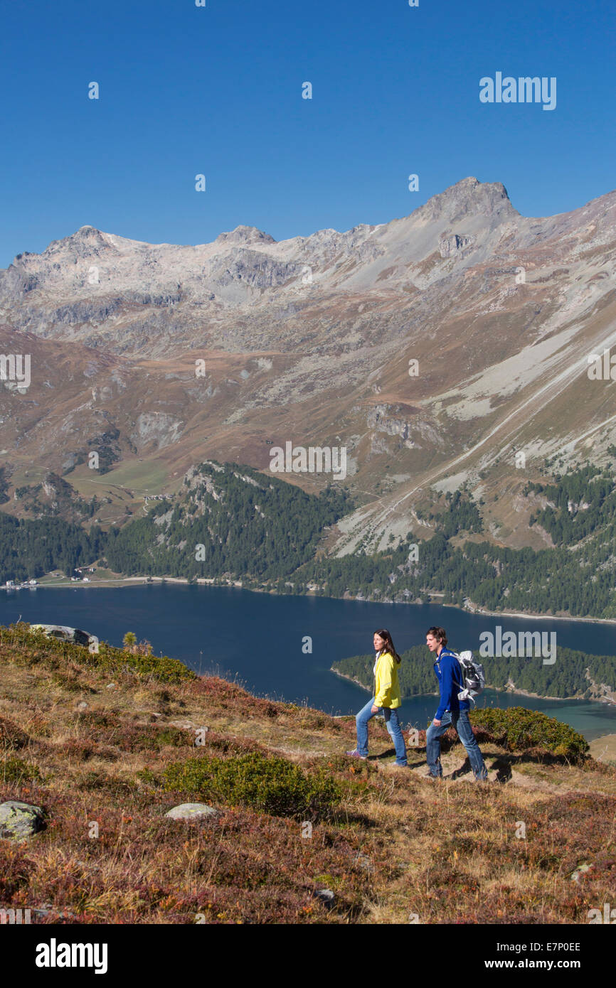 Engadin, Engadin, Wandern, Wandern, Furtschellas, Ansicht, Silsersee, Kanton, GR, Graubünden, Graubünden, Oberengadin, Berg, Mo Stockfoto