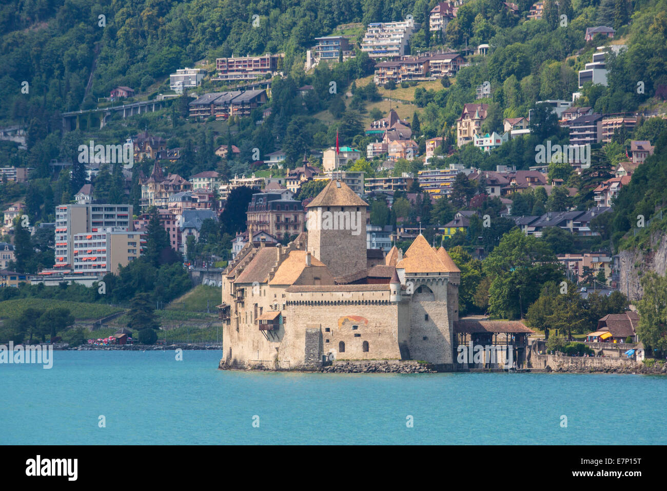 Chillon, Waadt, Leman, Genfer See, Schweiz, Europa, Architektur, Burg, Geschichte, See, Landschaft, Frühling, touristische, trave Stockfoto