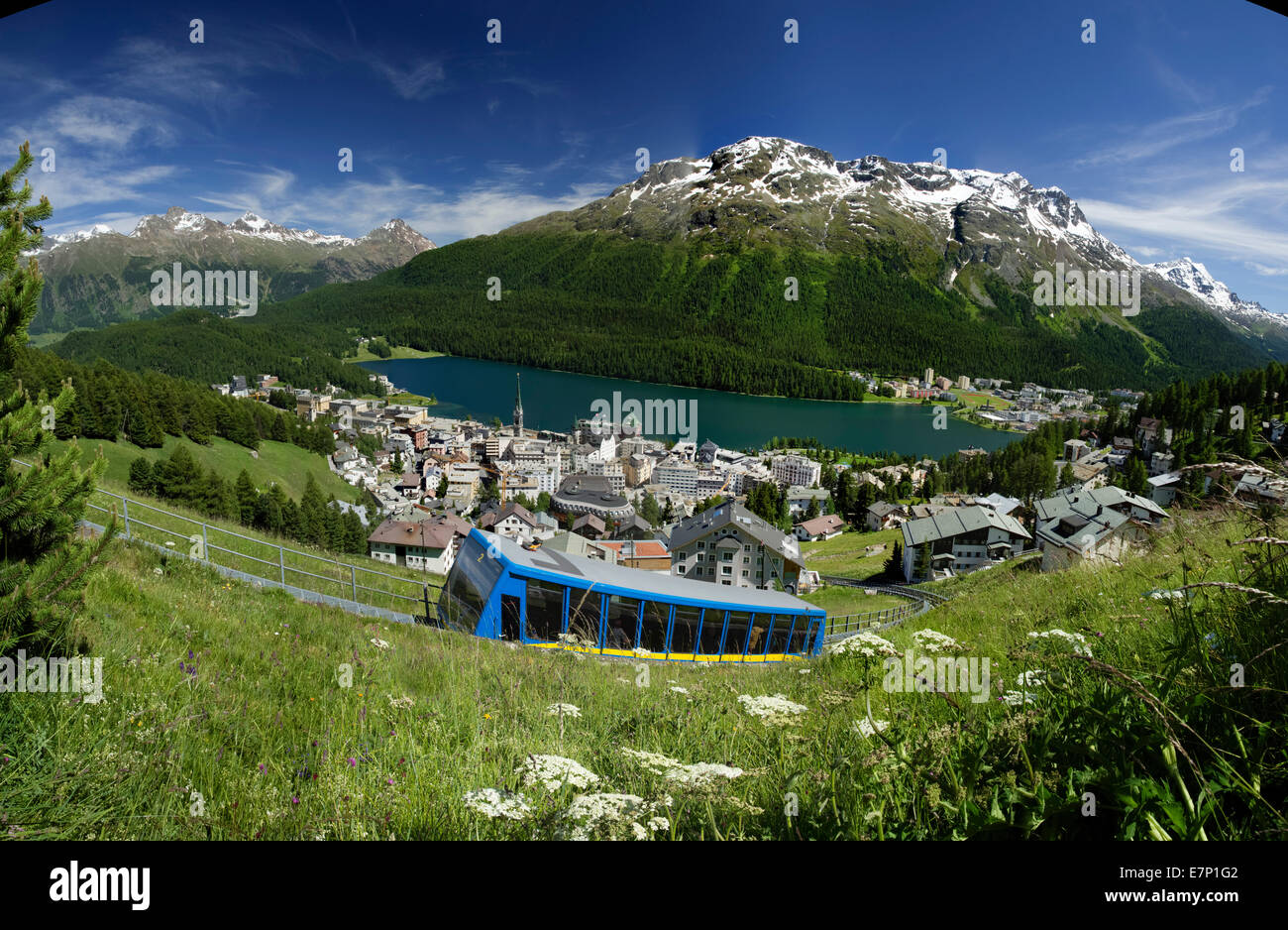 Engadin, Engadin, Corviglia, Eisenbahn, St. Moritz, St. Moritz, Kanton Graubünden, Graubünden, GR, Oberengadin, Bergstraße, Stockfoto