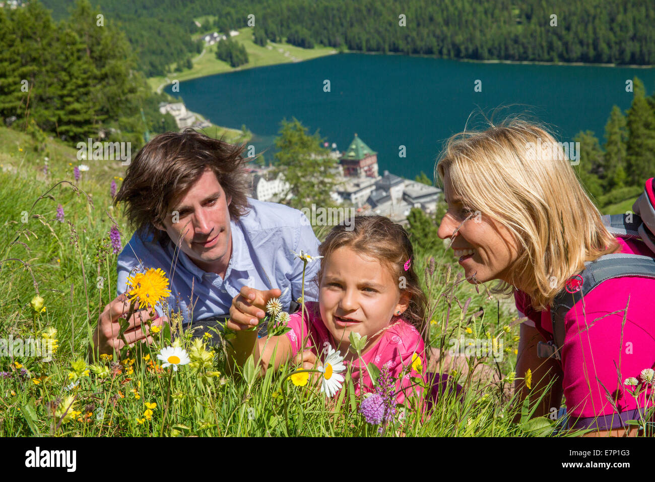 Engadin, Engadin, Familie, Heidi, Blume Weg, St. Moritz, St.Moritz, Kanton Graubünden, Graubünden, GR, Oberengadin, Familie, Stockfoto