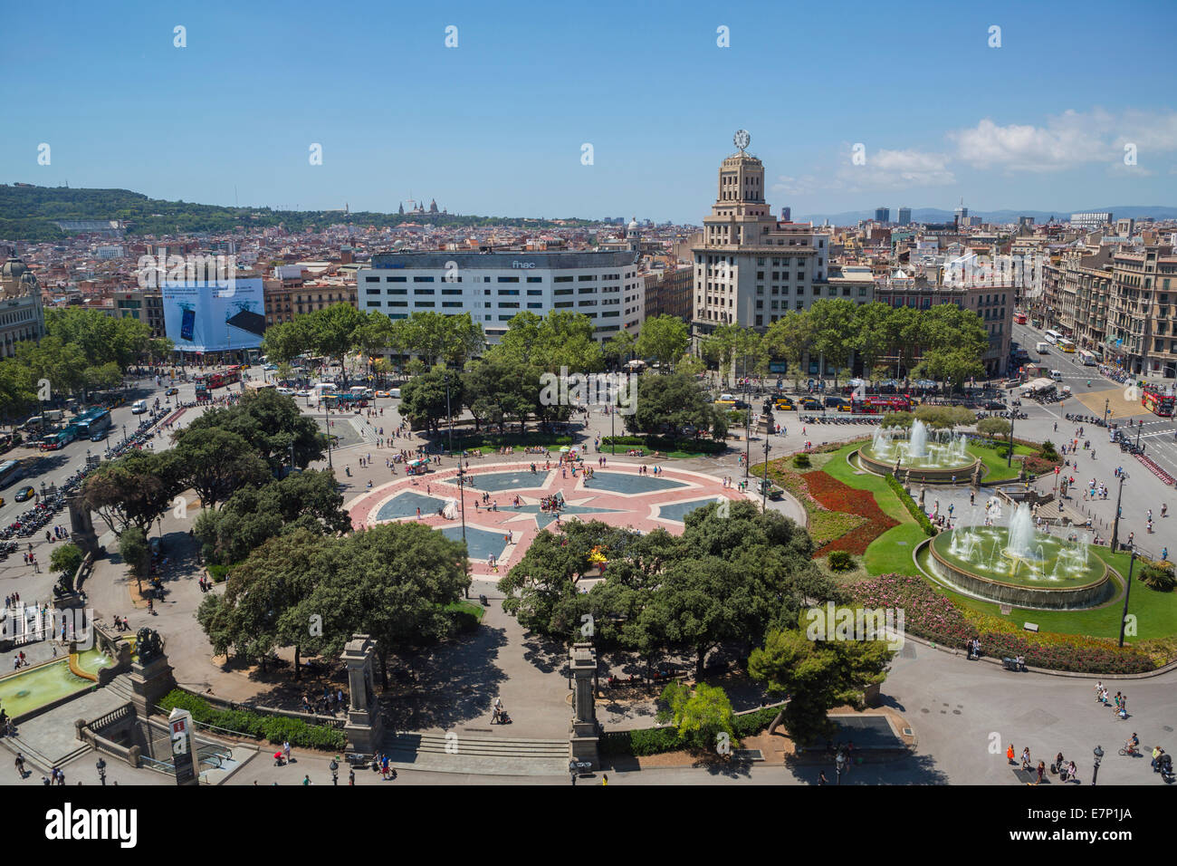 Architektur, Barcelona, Katalonien, Center, bunte, Innenstadt, Brunnen, Landschaft, Skyline, Spanien, Europa, quadratisch, touristische Stockfoto