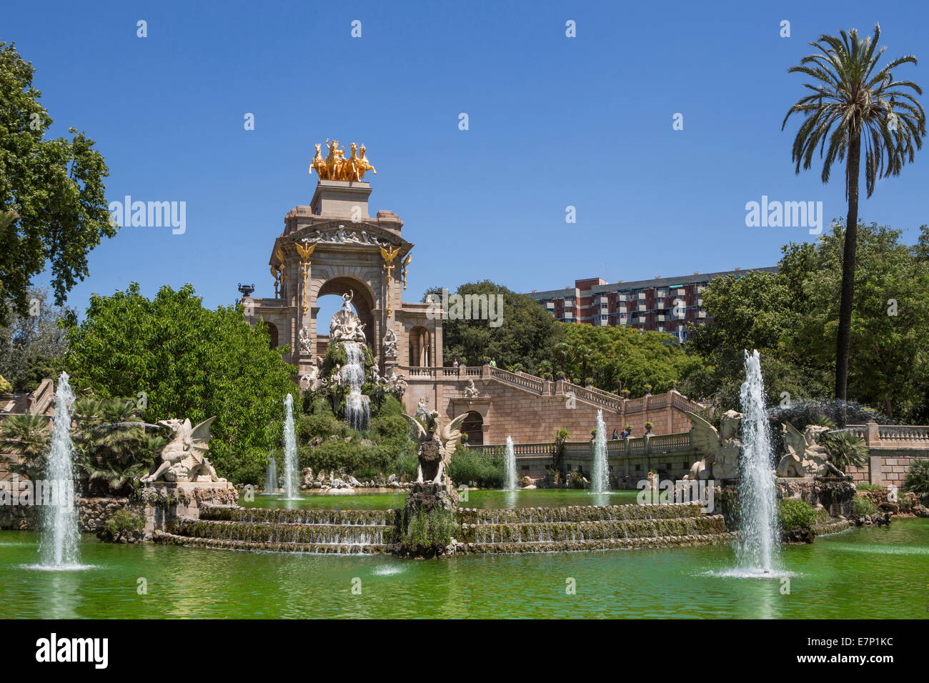 Barcelona, Stadt, Cascada, Ciutadella, Architektur, Katalonien, bunt, Brunnen, Parken, entspannen, Spanien, Europa, Sonnenterrasse, Stockfoto