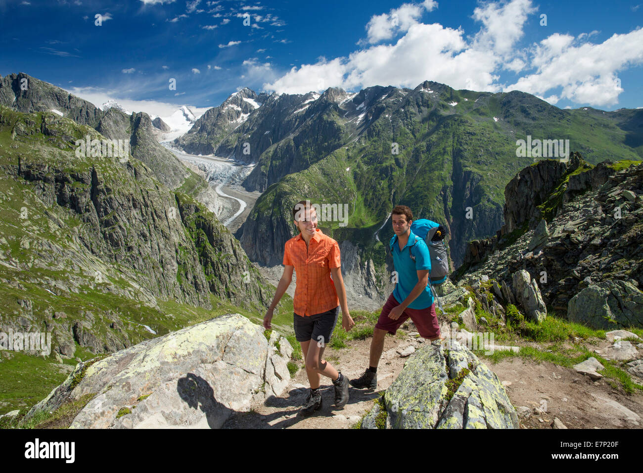 Kühboden, Wanderer, Fieschergletschers, Berg, Berge, Gletscher, Eis, Moräne, Sport, Freizeit, Abenteuer, Kanton, VS, Wallis Stockfoto