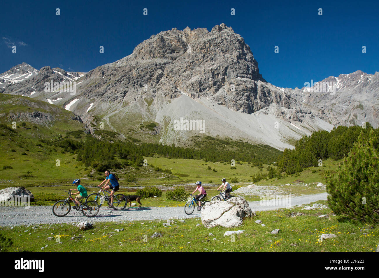 Münster-Tal, GR, Mountainbiker, Val Mora, GR, Berg, Berge, Kanton, GR, Graubünden, Graubünden, Unterengadin, untere Enga Stockfoto