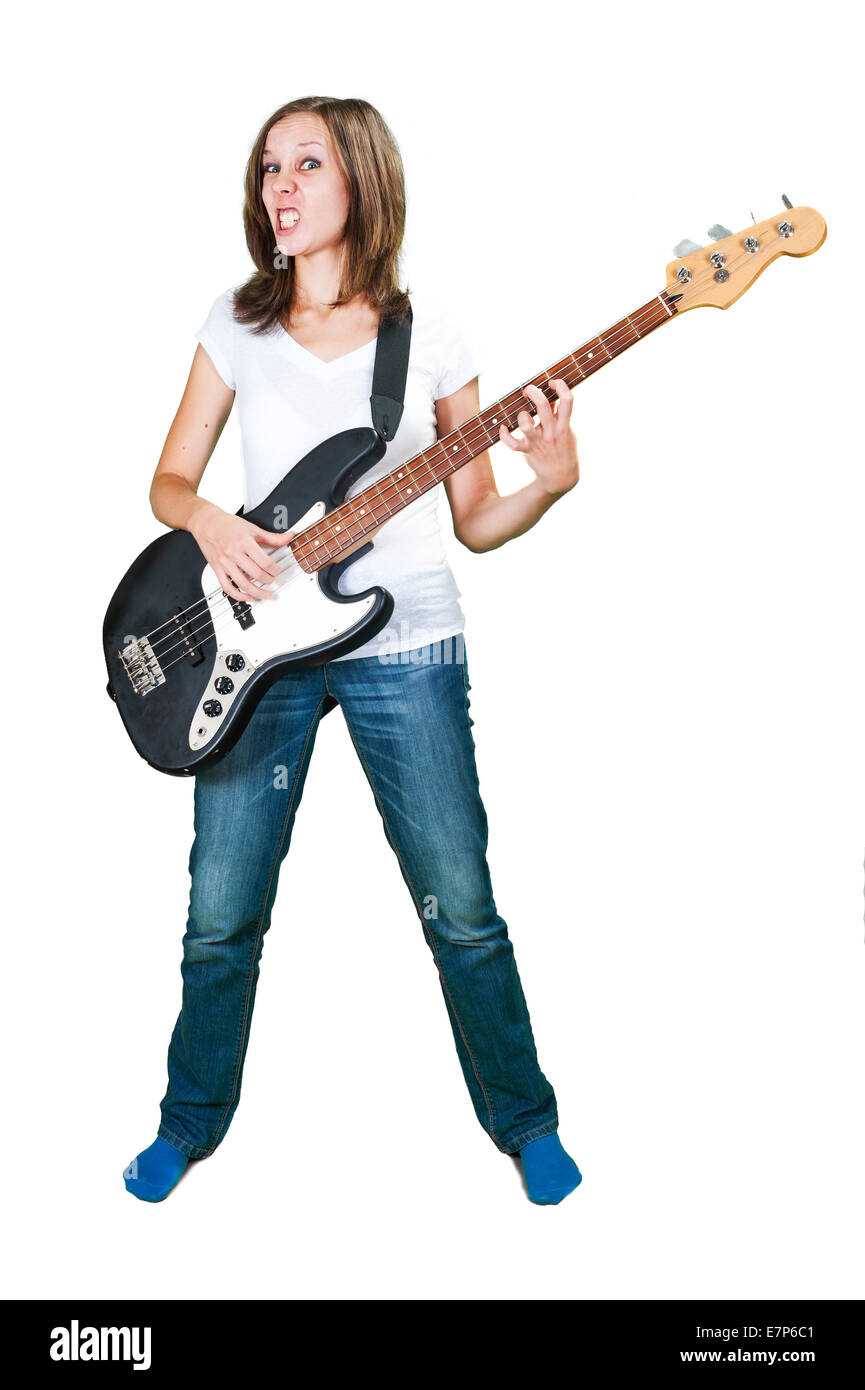 Mädchen mit Gitarre und Mikrofon isoliert auf weißem Hintergrund Stockfoto