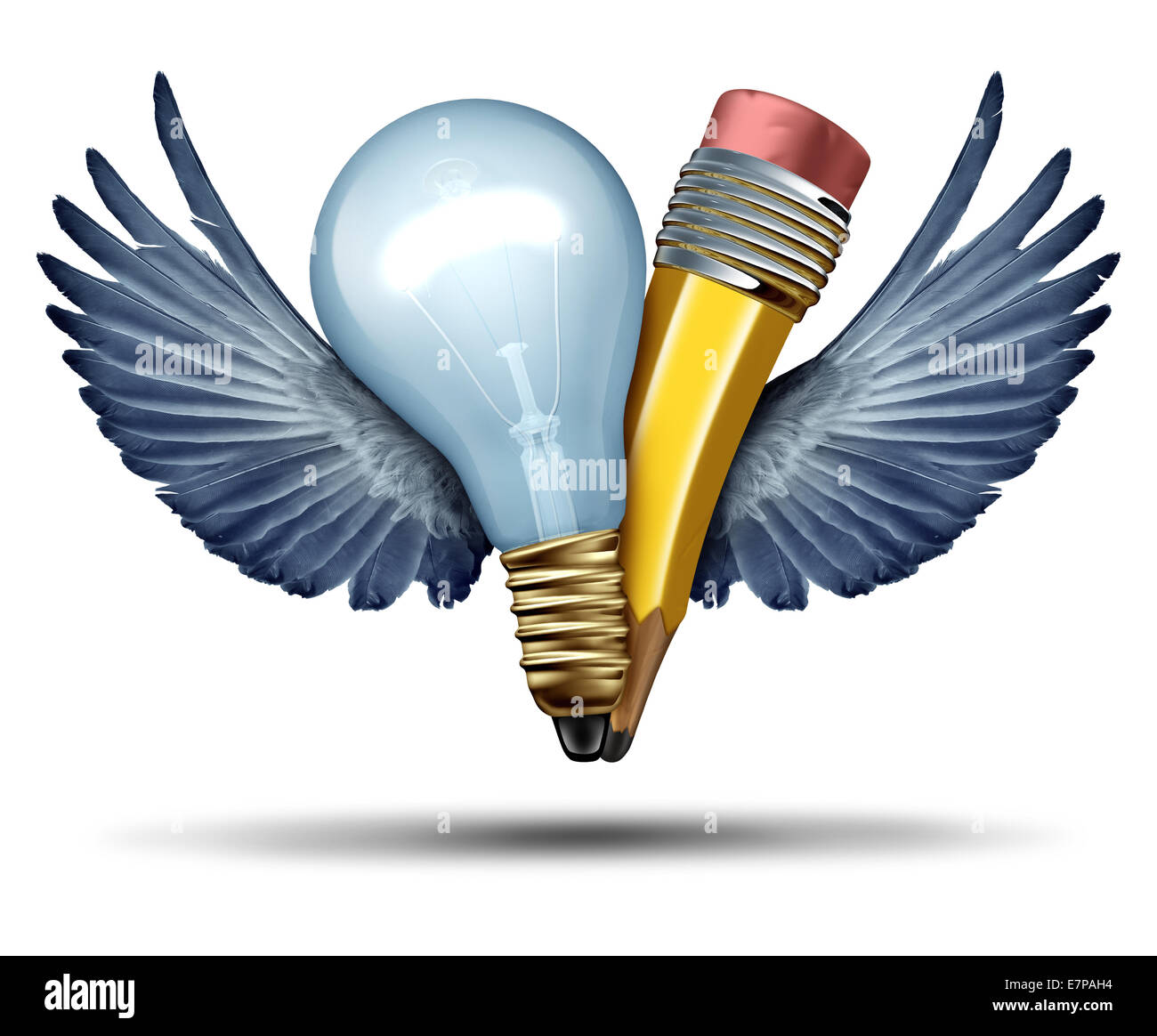Kreativität-Freiheit-Konzept als eine Glühbirne und Bleistift in einem Gemeinschaftswerk fliegenden, mit Flügel als Metapher und strategische Symbol für kreative Partnerschaft Zusammenarbeit als ein Geschäft Führung Erfolg Symbol für die Kooperation in Zusammenarbeit. Stockfoto