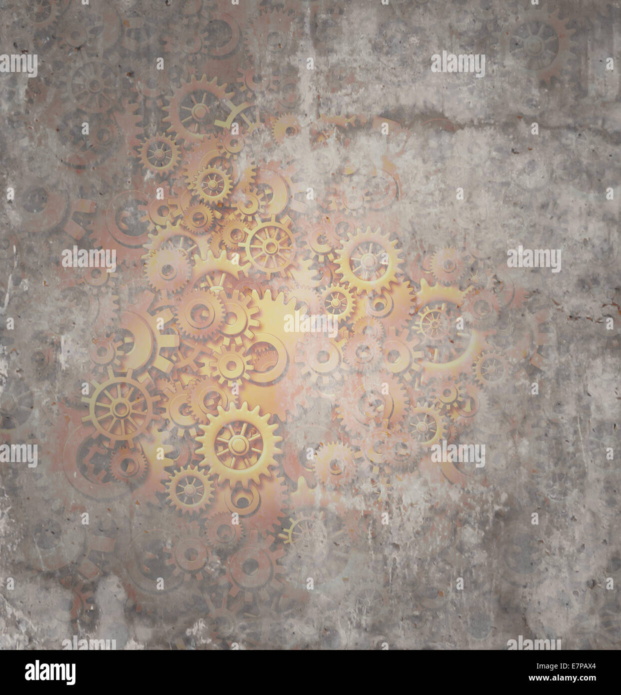Steampunk Grunge Hintergrund als rustikale Textur Science-Fiction Konzept von schmutzigen Metall Kupfer getrieben und Zahnräder als Symbol der Futuristicscifi Thema Maschine mit textfreiraum Technologie gemacht. Stockfoto