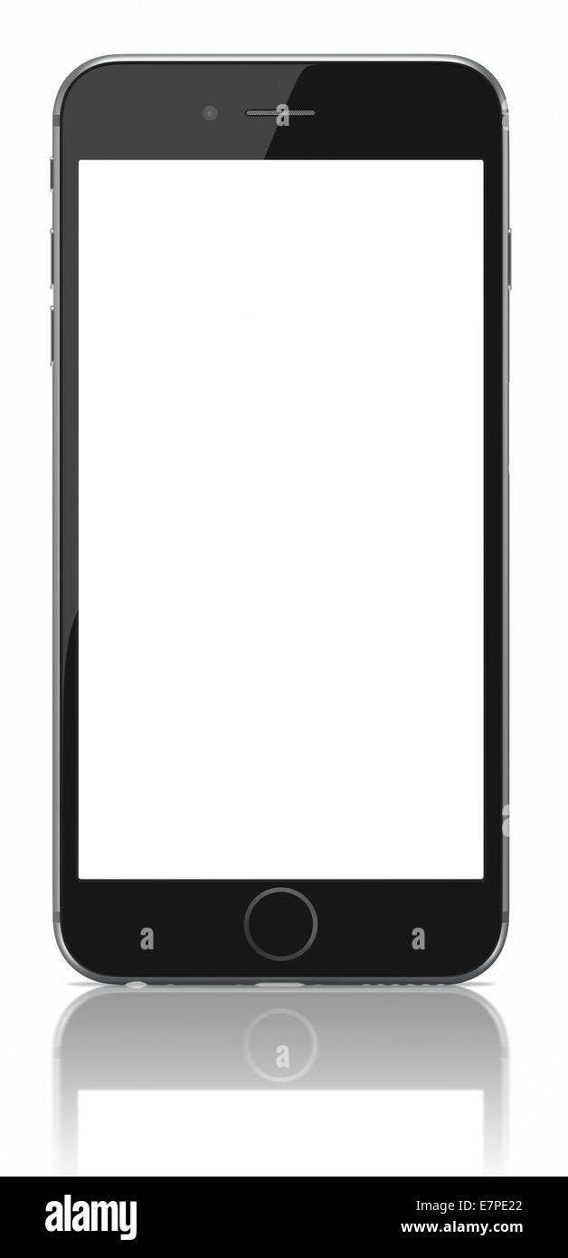Neues Smartphone mit leeren Bildschirm auf weißem Hintergrund Stockfoto