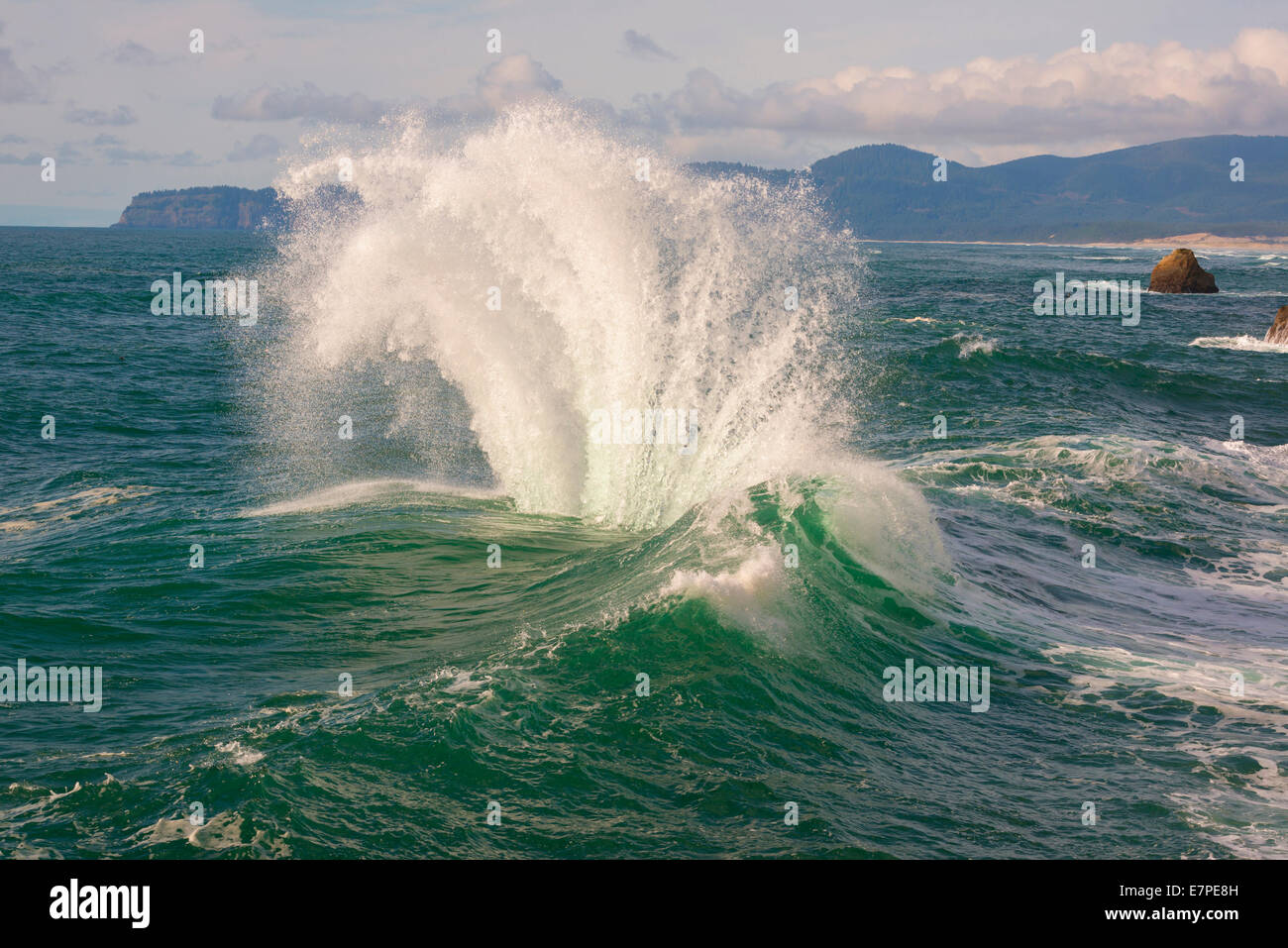 USA, Oregon, Tillamook County, Wave spritzt auf Felsen Stockfoto