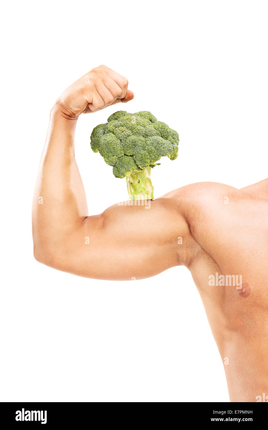 Studioaufnahme von einem muskulösen Arm mit Brokkoli auf den Bizeps isoliert auf weißem Hintergrund Stockfoto