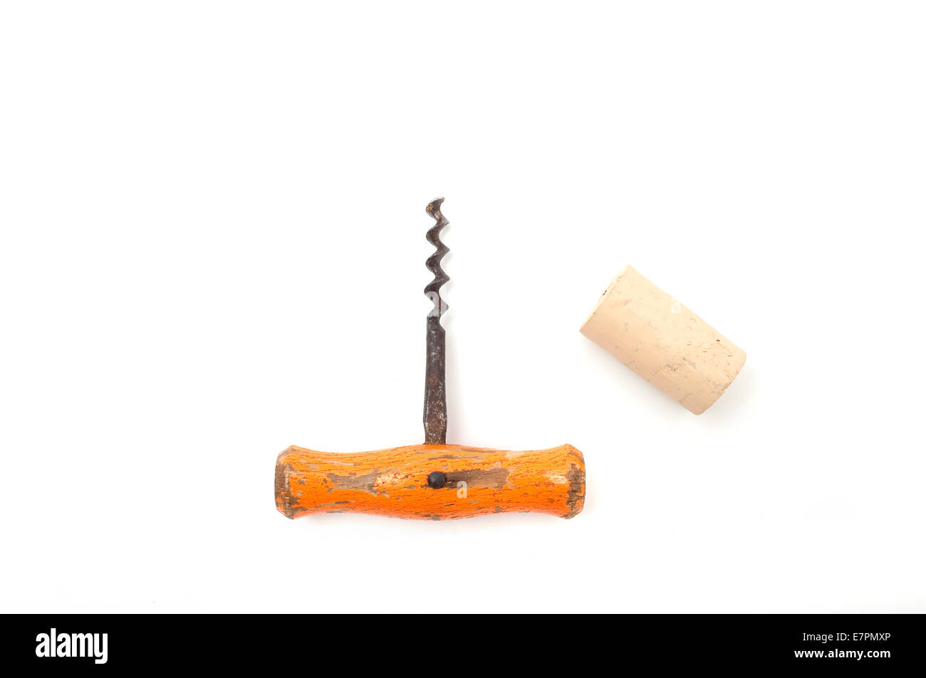 Alter Flaschenöffner und Kork. Stockfoto