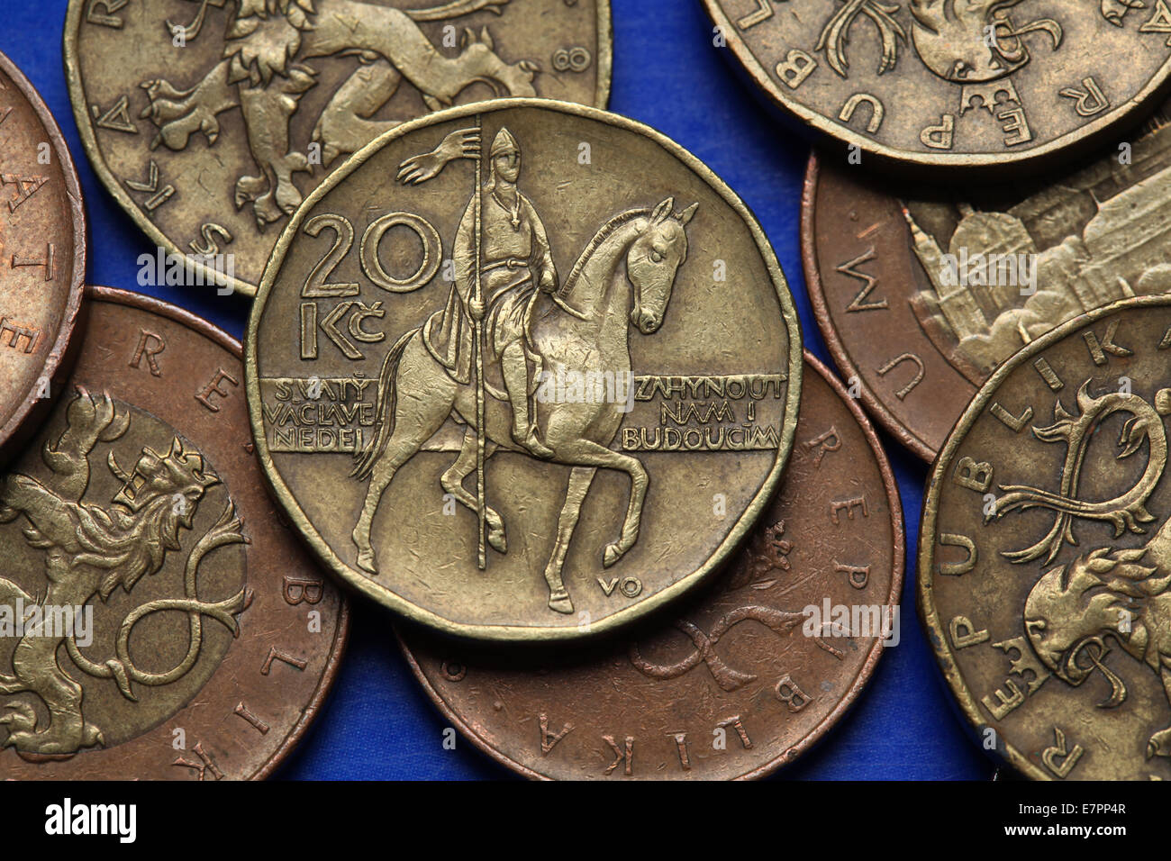 Münzen der Tschechischen Republik. Denkmal für St.-Wenzels auf dem Wenzelsplatz in Prag in der Tschechischen 20 Kronen-Münze abgebildet. Stockfoto