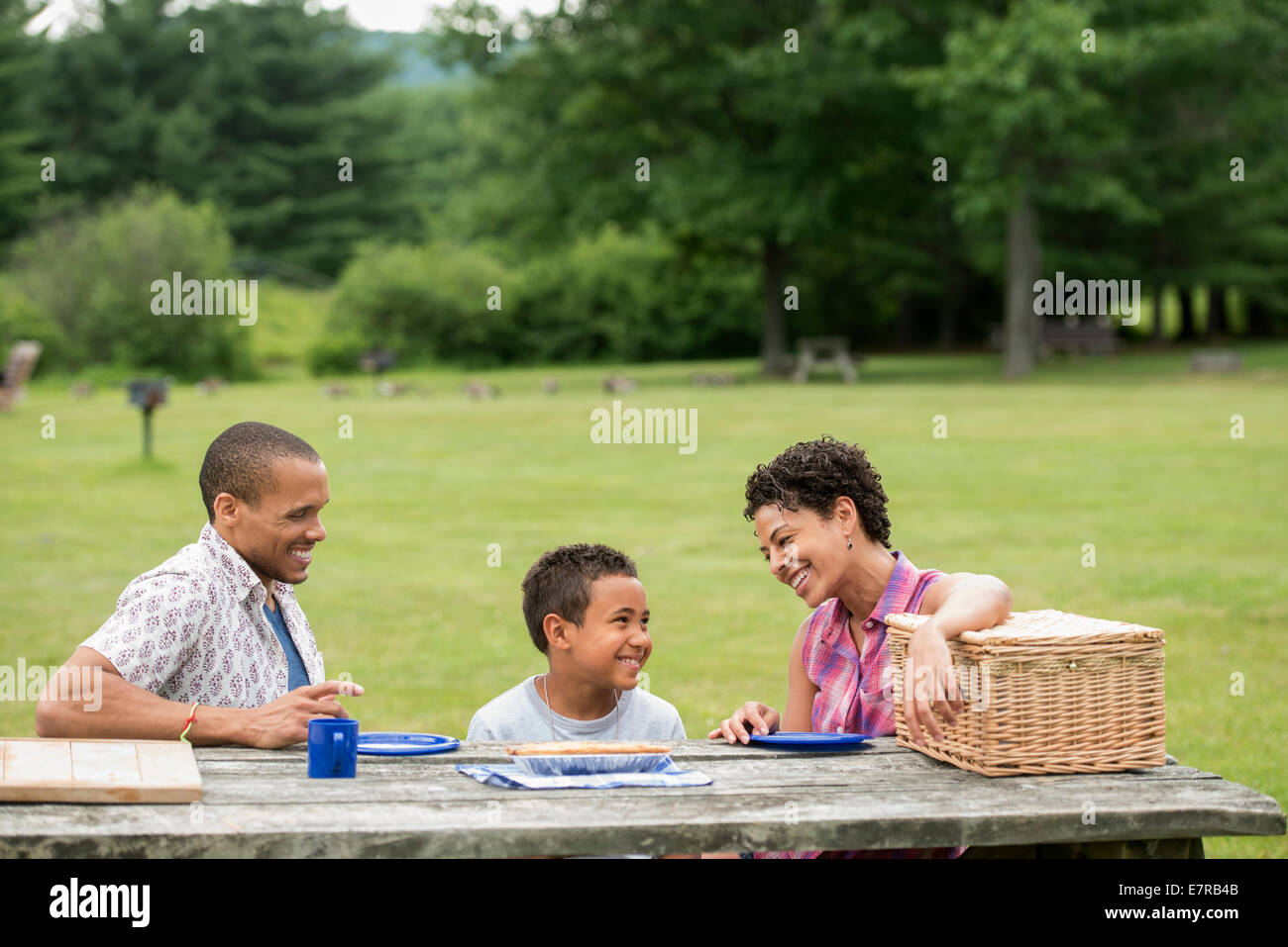 Familie mit einem Picknick im Sommer. Stockfoto