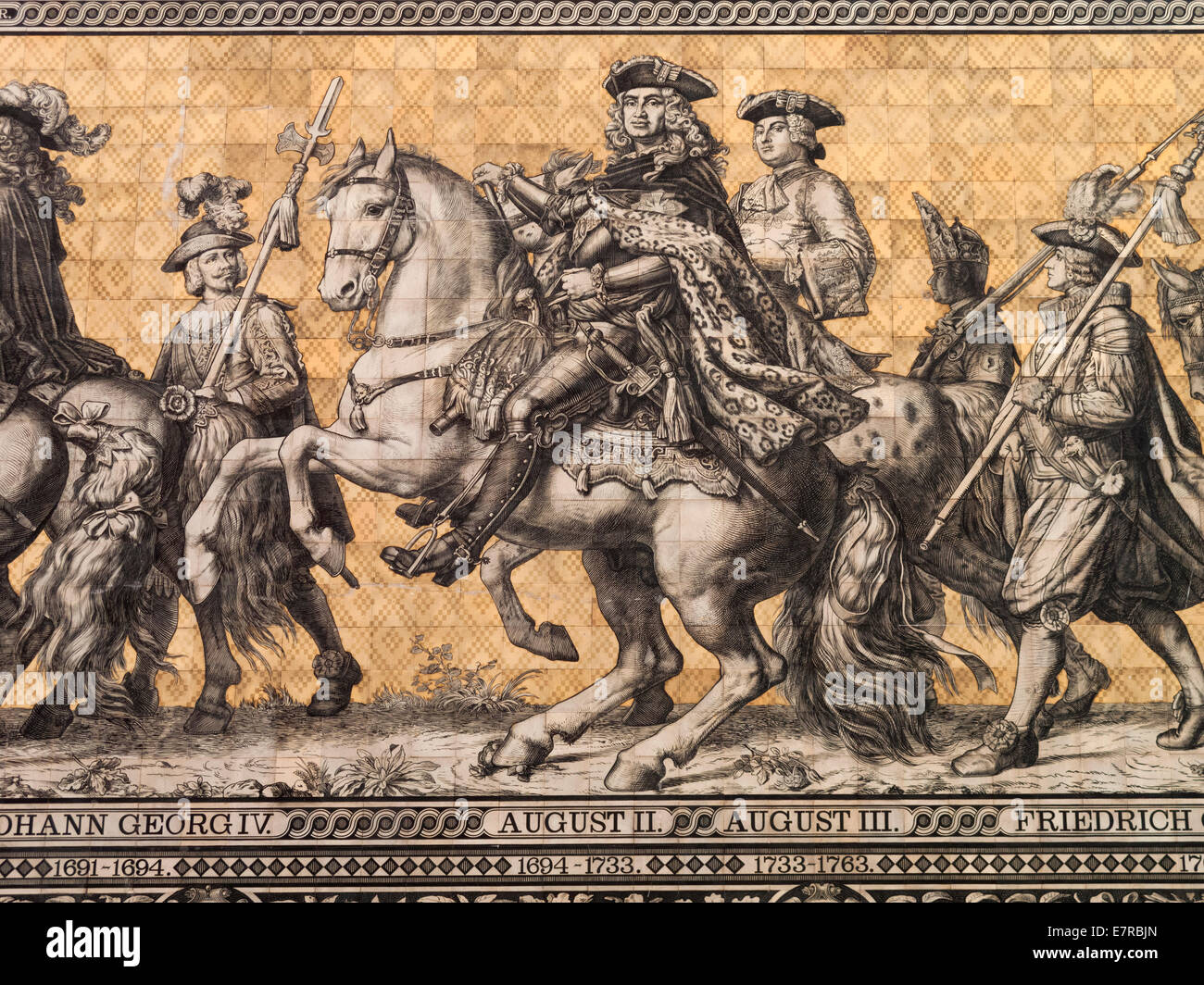 Augustus 2. dargestellt in das Meissener Porzellan Fliesen Kunstwerk "Prozession der Fürsten" Dresden Schloss Dresden Stockfoto