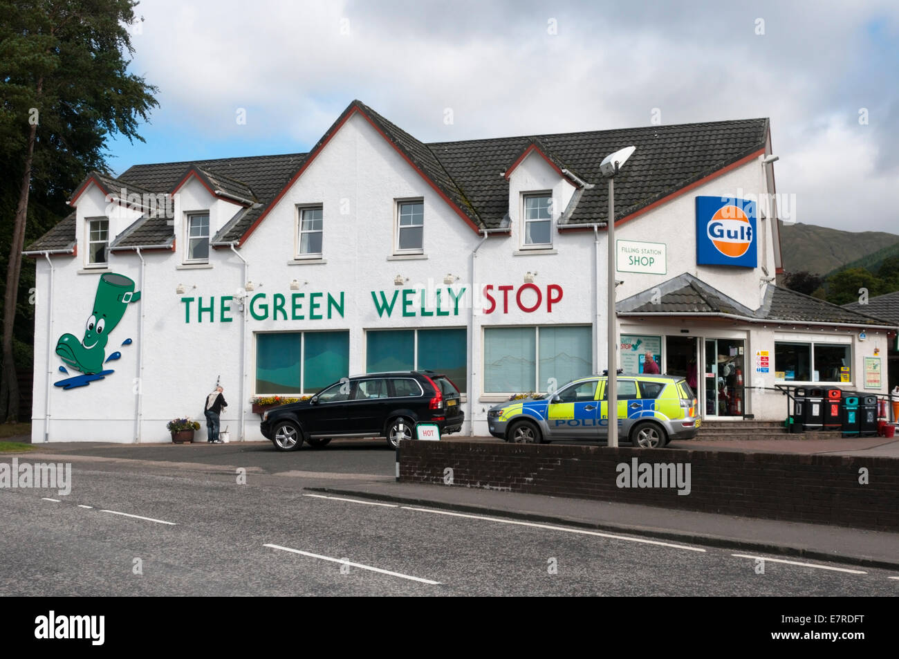 Die grüne Gummistiefel in Tyndrum, Schottland zu stoppen. Stockfoto