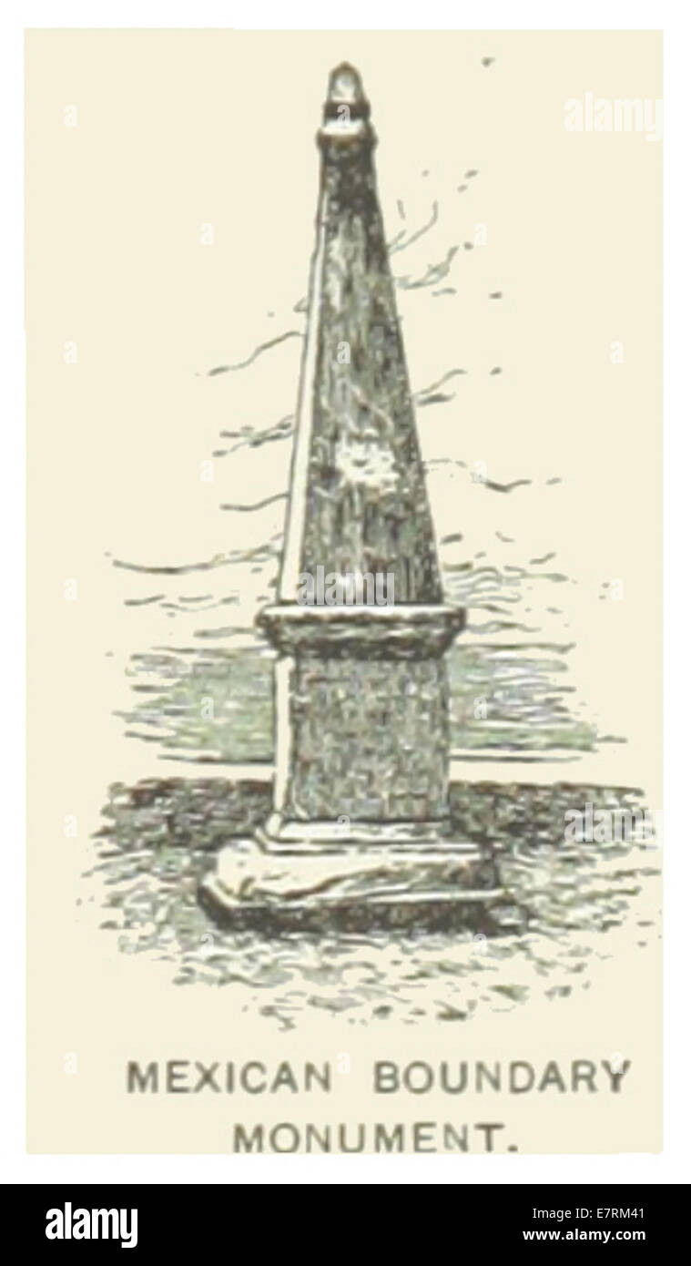Diese Karte und Abbildung aus dem Jahr 1891 zeigt das Mexican Boundary Monument, das die territoriale Grenze zwischen den Vereinigten Staaten und Mexiko markiert, ein Schlüsselmerkmal der Geographie und Geschichte der Region. Stockfoto