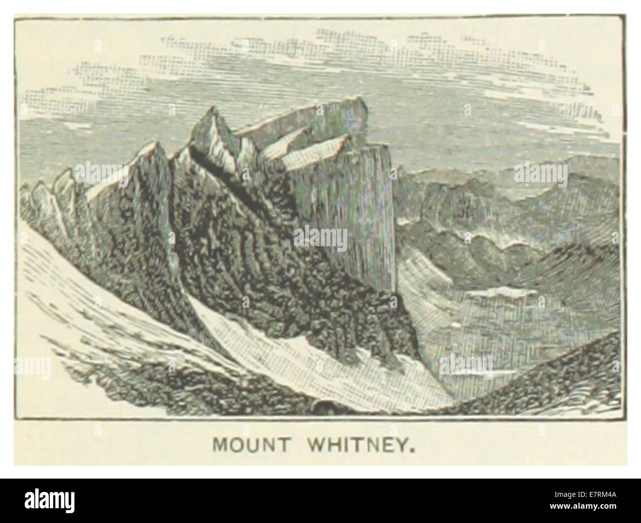 Seite 75 von *US-CA (1891)* zeigt den Mount Whitney, den höchsten Gipfel der angrenzenden Vereinigten Staaten. Die Illustration zeigt die gewaltige Präsenz und geografische Bedeutung der kalifornischen Sierra Nevada. Stockfoto