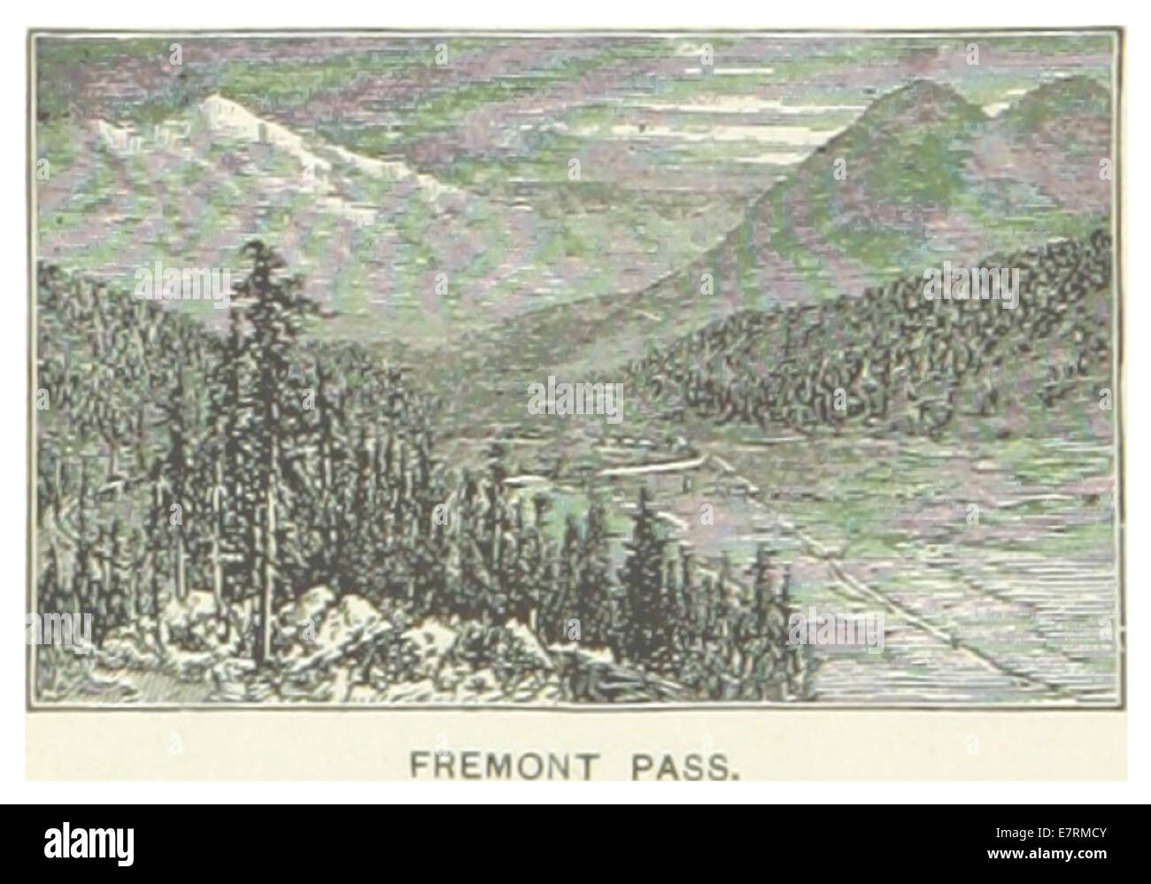 Eine Illustration des Fremont Pass in Colorado aus dem Jahr 1891, ein bemerkenswerter Bergpass, der das Arkansas River Valley mit dem Oberlauf des Rio Grande verbindet. Der Pass ist für seine Rolle im regionalen Transport und der Erkundung im 19. Jahrhundert von Bedeutung. Stockfoto